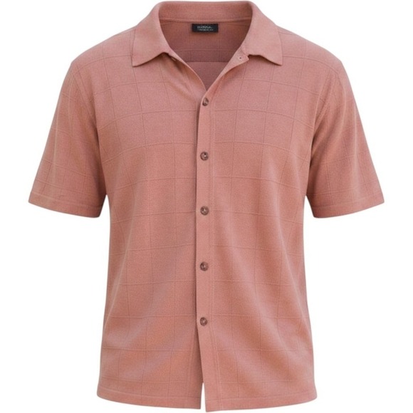Paul Fredrick Other - Mens Casual Shirt ,Salmon Pink Grid Knit Button Front Shirt Short Sleeve, Large